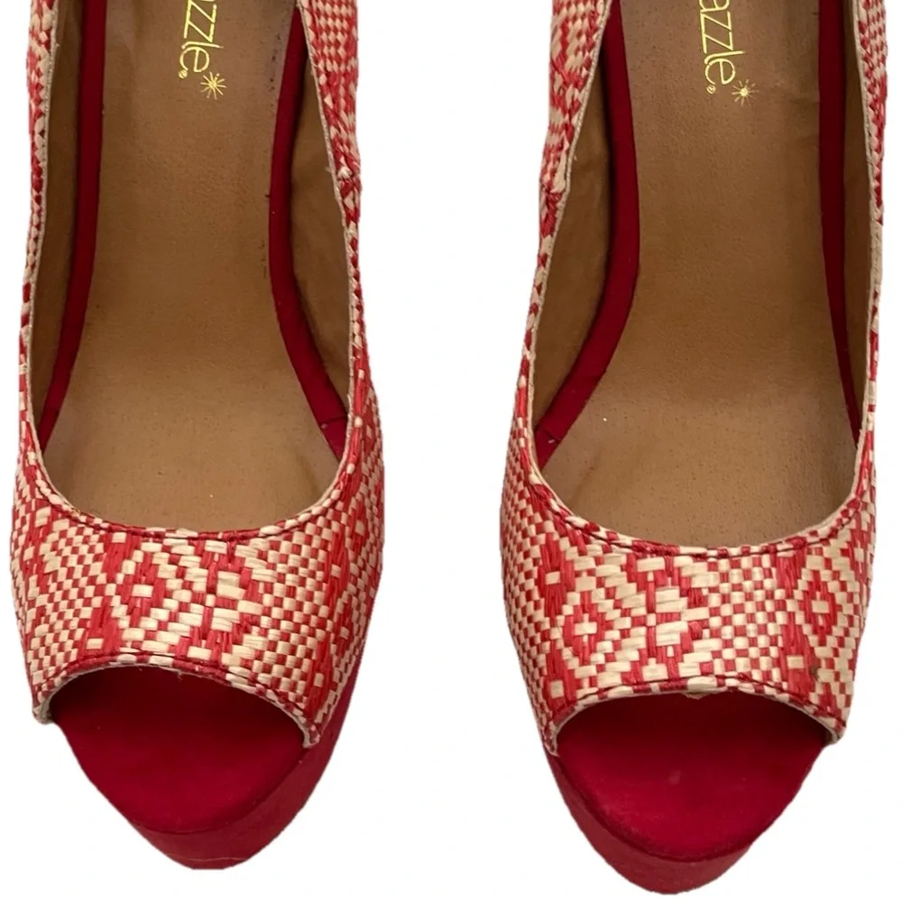Shoe Dazzle Red and Cream Woven Platform Pumps with High Stiletto